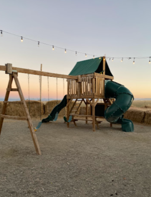 A wooden playground with a slide and swings, set against a sunset sky and string lights in the background.