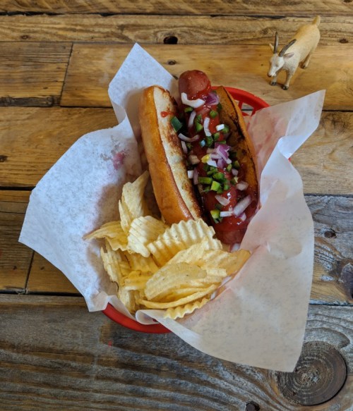 A hot dog topped with onions and ketchup served with a side of potato chips in a red basket on a wooden table.