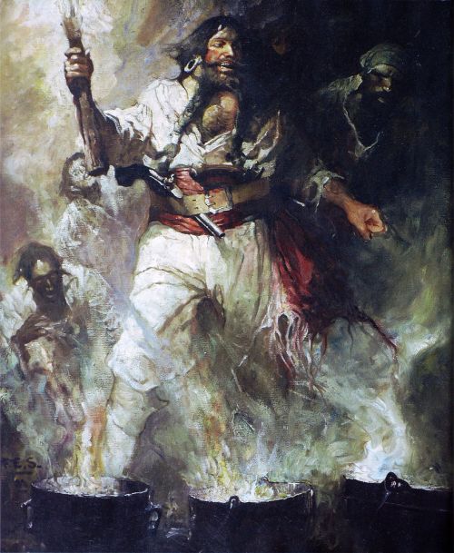 A dramatic painting of a man holding a torch, surrounded by shadowy figures and smoke, evoking a sense of chaos.