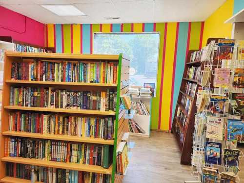 A colorful bookstore interior with shelves of books and a bright striped wall.