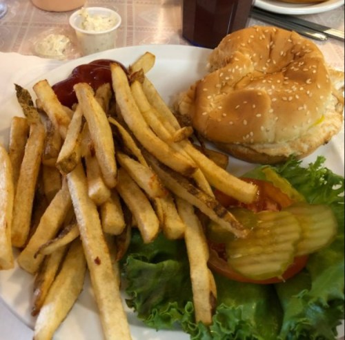 A plate with a sesame seed bun burger, lettuce, tomato, pickles, and a side of crispy French fries.