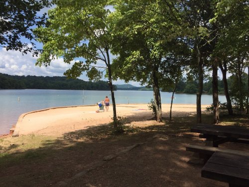 A serene lakeside view with trees, a sandy beach, and two people sitting by the water under a blue sky.