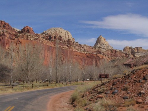 A winding road leads through a desert landscape with red rock formations and bare trees under a blue sky.