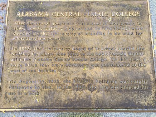 Plaque detailing the history of Alabama Central Female College, including its founding and destruction by fire in 1923.