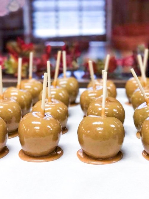 A row of caramel-coated apples on sticks, resting on a white surface with a blurred background.