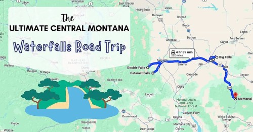 Map highlighting a road trip route in Central Montana, featuring waterfalls and key locations along the way.