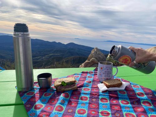 A scenic picnic setup with a sandwich, mug, and thermos on a colorful tablecloth, overlooking a coastal view.