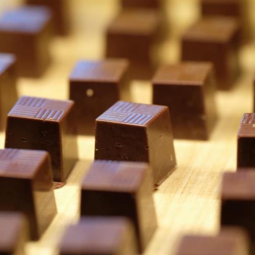 A close-up of neatly arranged dark chocolate squares on a wooden surface.