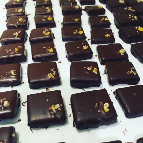 A close-up of neatly arranged dark chocolate squares topped with sea salt and citrus zest on a white surface.