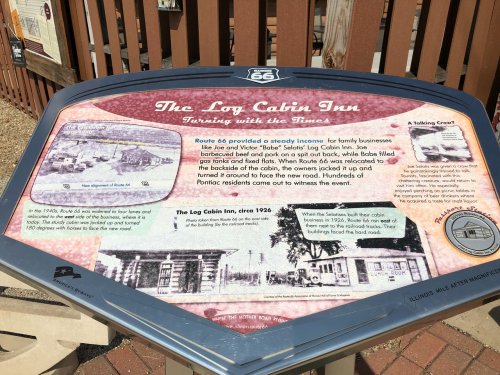 Sign about the Log Cabin Inn on Route 66, detailing its history and significance to local businesses and residents.