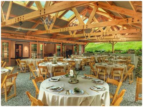 Elegant dining setup in a spacious venue with wooden beams, round tables, and greenery in the background.