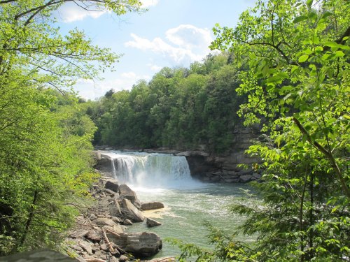 A serene waterfall cascades into a river, surrounded by lush green trees and a bright blue sky.