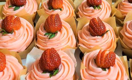 A close-up of pink frosted cupcakes topped with fresh strawberries, arranged neatly in a tray.