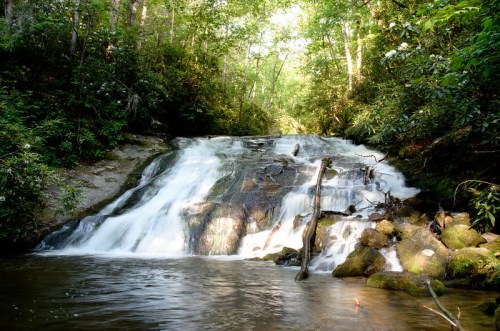 A serene waterfall cascades over rocks into a calm pool, surrounded by lush green trees and foliage.