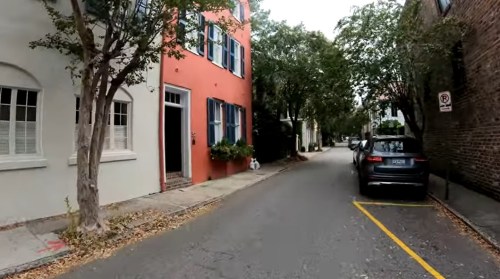 A narrow street lined with colorful houses and parked cars, featuring trees and a small dog on the sidewalk.