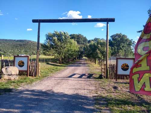 A dirt path leads through trees, framed by wooden arches and signs, under a clear blue sky.