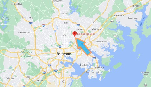 Map showing Baltimore with a marker for "Emma's Tea Spot" and an arrow indicating its location.