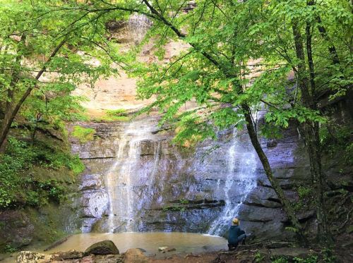 A serene waterfall cascades down rocky cliffs, surrounded by lush green trees and a person sitting by the water's edge.