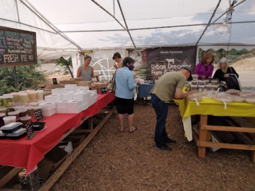 A bustling farmers market under a tent, with vendors and customers browsing fresh produce and homemade goods.