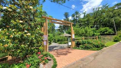Entrance to South Haven, featuring a wooden archway and lush greenery with flowers lining the pathway.
