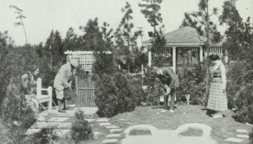 A vintage photo of four people gardening in a lush yard with trees and a house in the background.