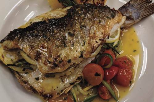 Grilled fish fillet served with cherry tomatoes, zucchini, and a lemon herb sauce on a white plate.