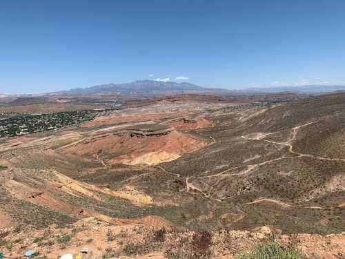 A panoramic view of rugged, colorful desert terrain with distant mountains under a clear blue sky.