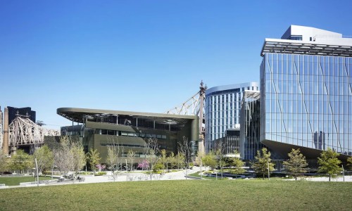 Modern buildings with glass facades and greenery, set against a clear blue sky and a bridge in the background.
