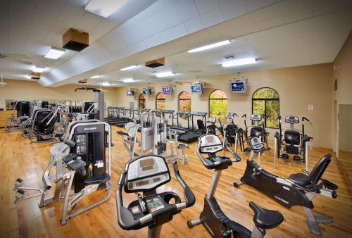 A spacious gym with various exercise machines, cardio equipment, and large windows letting in natural light.