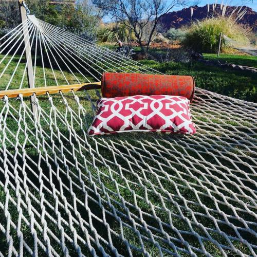A hammock in a grassy area, featuring two decorative pillows in vibrant patterns.
