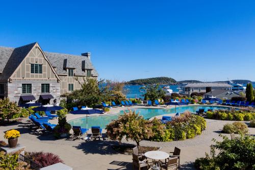 A scenic view of a pool area surrounded by colorful landscaping, with a harbor and boats in the background under a clear blue sky.