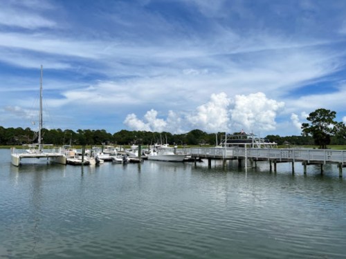 A serene marina with boats docked, under a blue sky with fluffy clouds and lush greenery in the background.