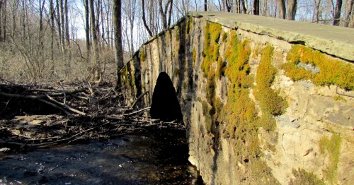 Moss-covered stone arch bridge over a small creek in a sunlit, wooded area.