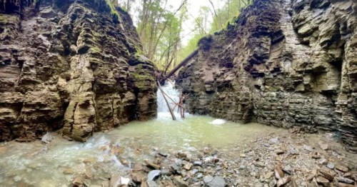 A small waterfall, nestled between two rock formations, drops into a small body of water.
