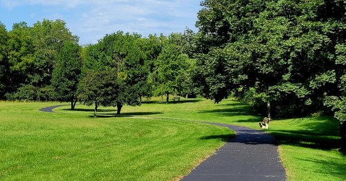 A paved path curves through a bright green park lined with lush trees and wooden benches under a soft blue sky.