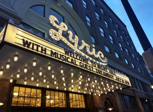 Marquee of the Lyric Theater, welcoming guests with lights and announcing a musical performance by Dreamboy.