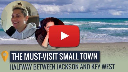 A scenic beach with waves, featuring two video call participants and a play button overlay for a YouTube video.