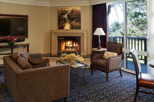 Cozy living room with a fireplace, comfortable seating, and a view of nature through large windows.