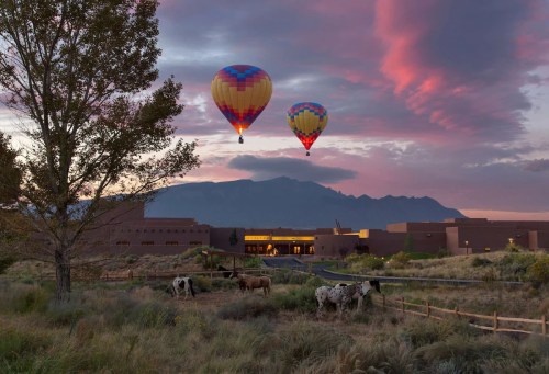 Two colorful hot air balloons float above a scenic landscape with cows, trees, and mountains at sunset.