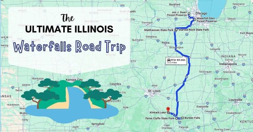 Map highlighting the Ultimate Illinois Waterfalls Road Trip route from Chicago to Kinkaid Lake State Park.