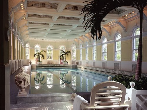 Elegant indoor pool area with large windows, palm trees, and classic architectural details. Bright and inviting atmosphere.
