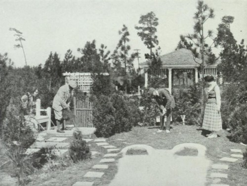 A vintage scene of four people playing croquet in a garden, with trees and a house in the background.