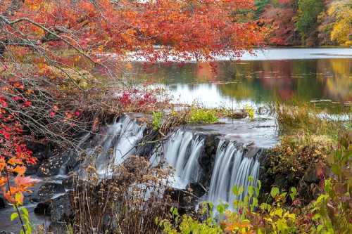 A serene waterfall cascades into a calm lake, surrounded by vibrant autumn foliage in shades of red and orange.