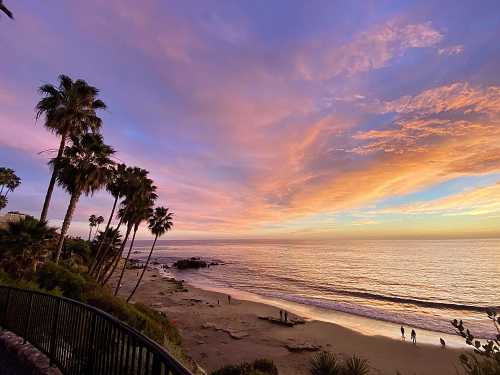 A vibrant sunset over the ocean, with palm trees and silhouettes of people walking along the beach.