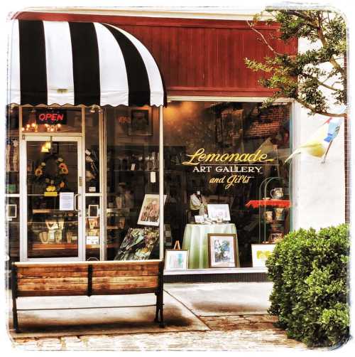 A storefront with a striped awning, featuring "Lemonade Art Gallery" signage and a bench in front.