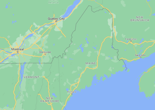 Map showing parts of northeastern United States and southeastern Canada, including Maine, Quebec, and New Brunswick.
