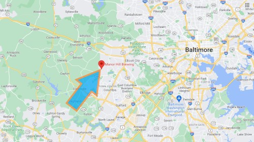 Map showing the location of Manor Hill Brewing near Ellicott City, Maryland, with an arrow pointing to the brewery.