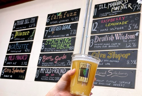 A hand holds a drink in front of a chalkboard menu featuring various craft beers and their details.