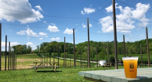 A refreshing drink sits on a table in a scenic outdoor area with green fields and blue skies dotted with clouds.