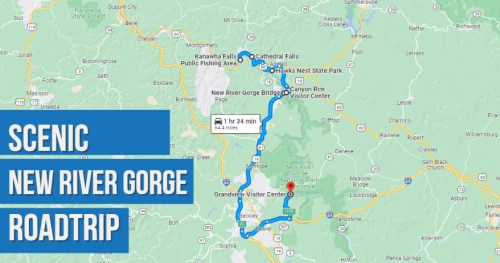 Map showing a scenic route for a New River Gorge road trip, highlighting key locations and travel time.